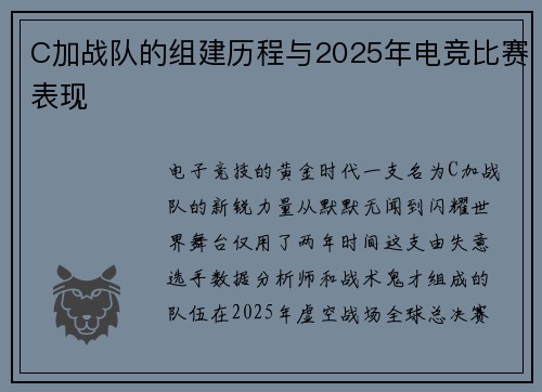 C加战队的组建历程与2025年电竞比赛表现
